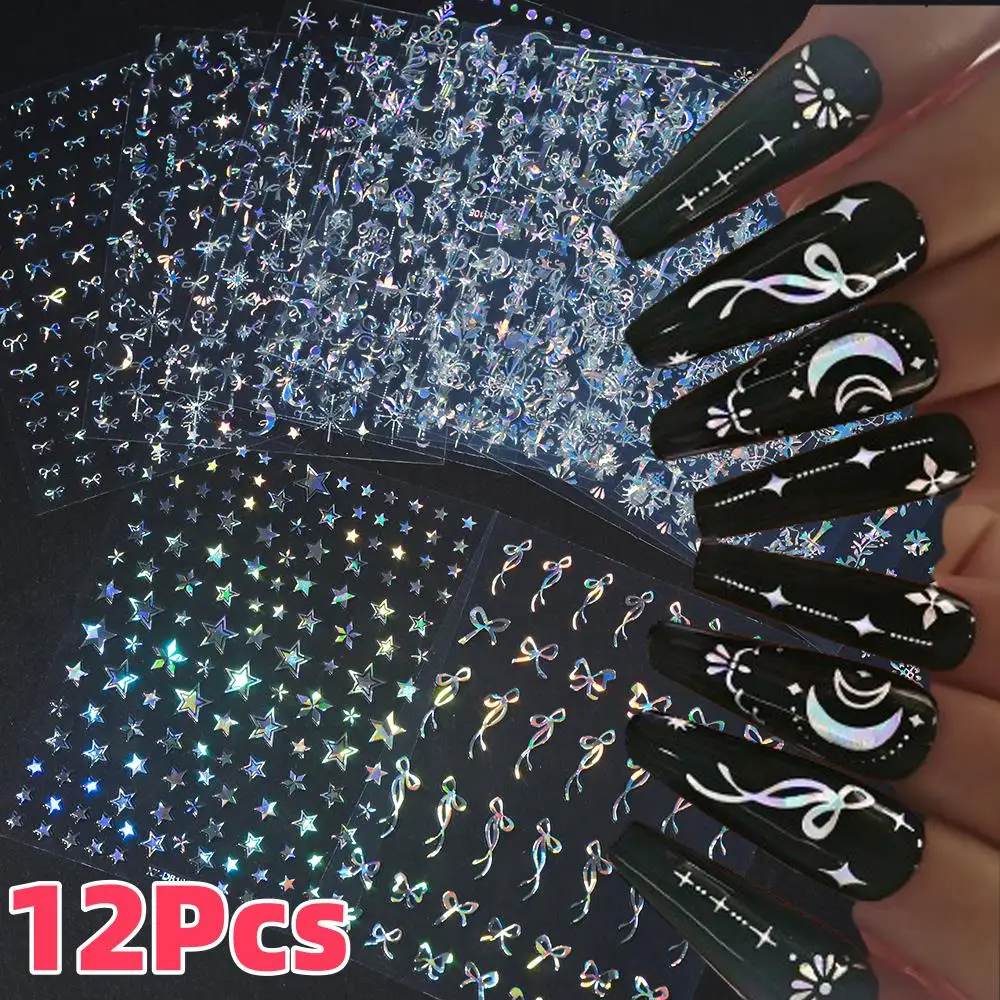 12 Stück 3D Laser Silber Stern Band Nagelaufkleber Y2K Sterne Mond Sonne Selbstklebender Schieber Exquisite Blumenblatt DIY Maniküre Aufkleber
