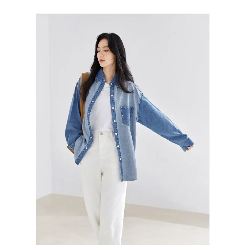 เสื้อเชิ้ตยีนส์แฟชั่นสไตล์เรโทรสำหรับผู้หญิง รุ่นใหม่ ฤดูใบไม้ร่วง ทรงหลวม สวมใส่สบาย ใช้งานได้หลากหลาย เนื้อผ้าบาง