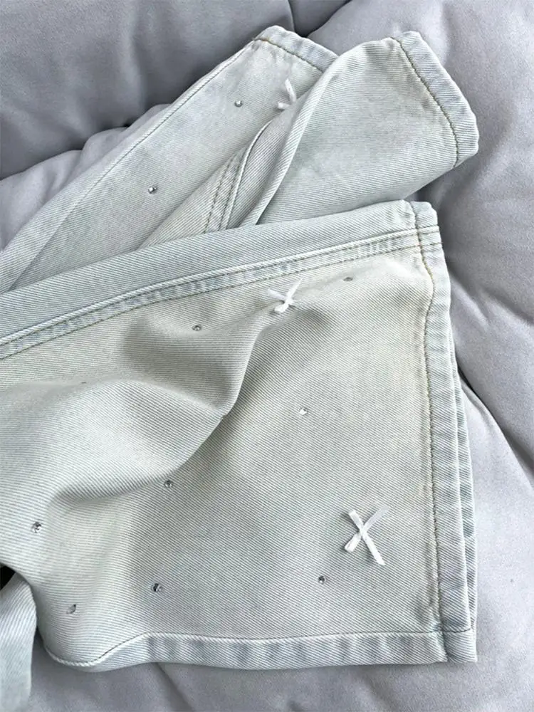Pantalones vaqueros de pierna ancha con lazo de diamante, pantalón vaquero recto de cintura alta, Retro, azul claro, informal, para primavera y verano