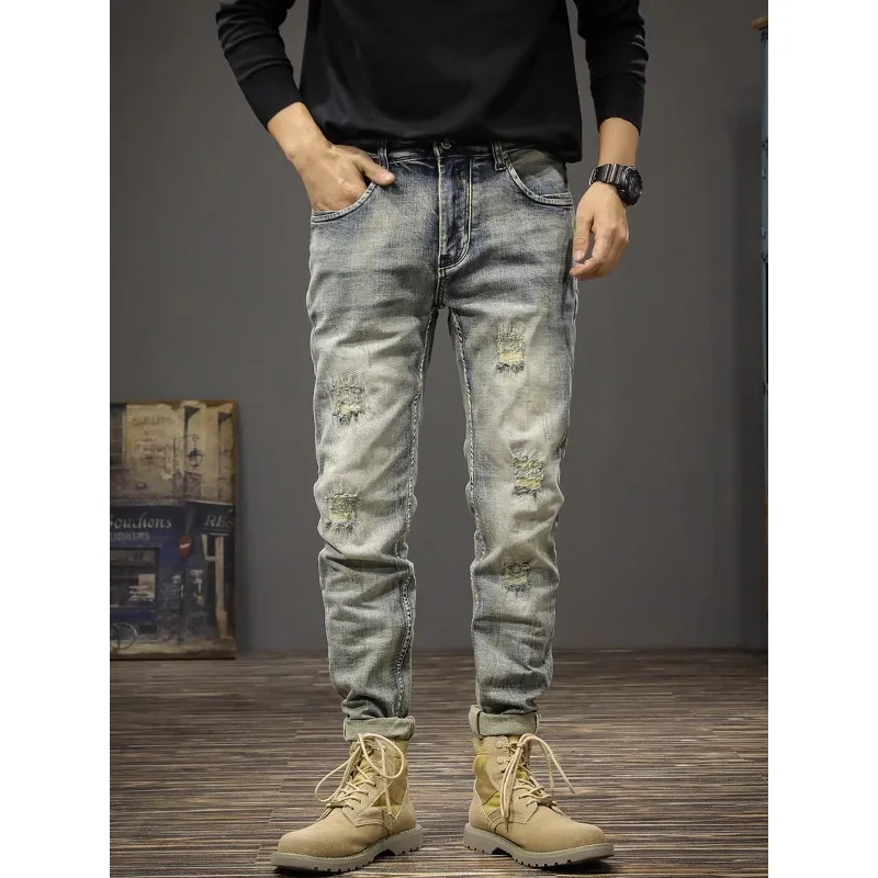 

Spring and autumn fashion brand American vintage wash jeans men's slim straight leg patchwork trend broken patch beggar pants