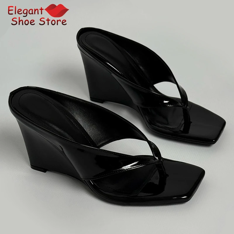 Black Patent Leather Wedge Sandals Sexy Square Toe Slippers Flip-Flops Summer New Fashion Women Banquet Party High Heel Shoes