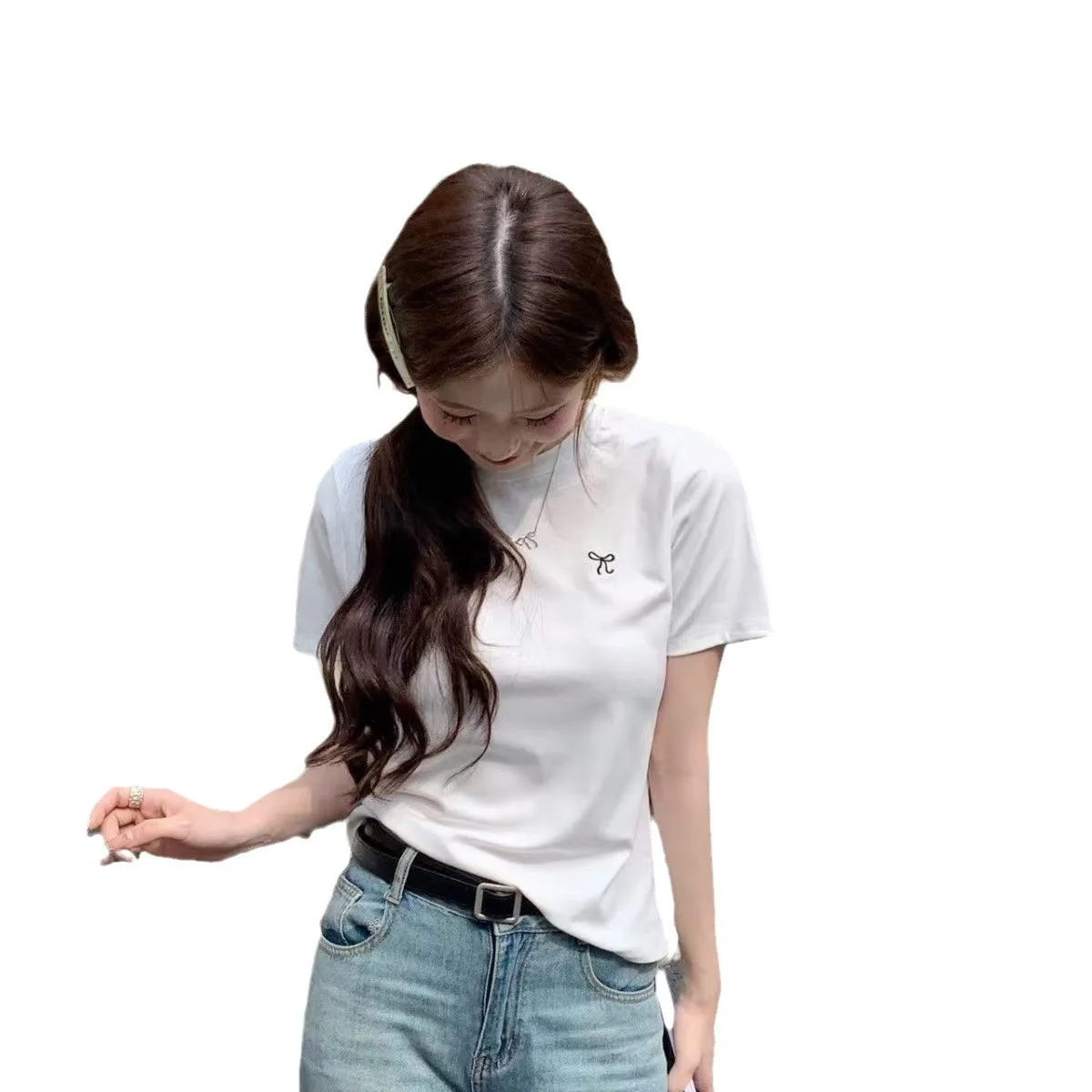 Kleine strik borst label gedrukt korte mouw Dames Zomer slim-fit mode alle bijpassende Koreaanse versie top 2025, Nieuwe Tops Shirts