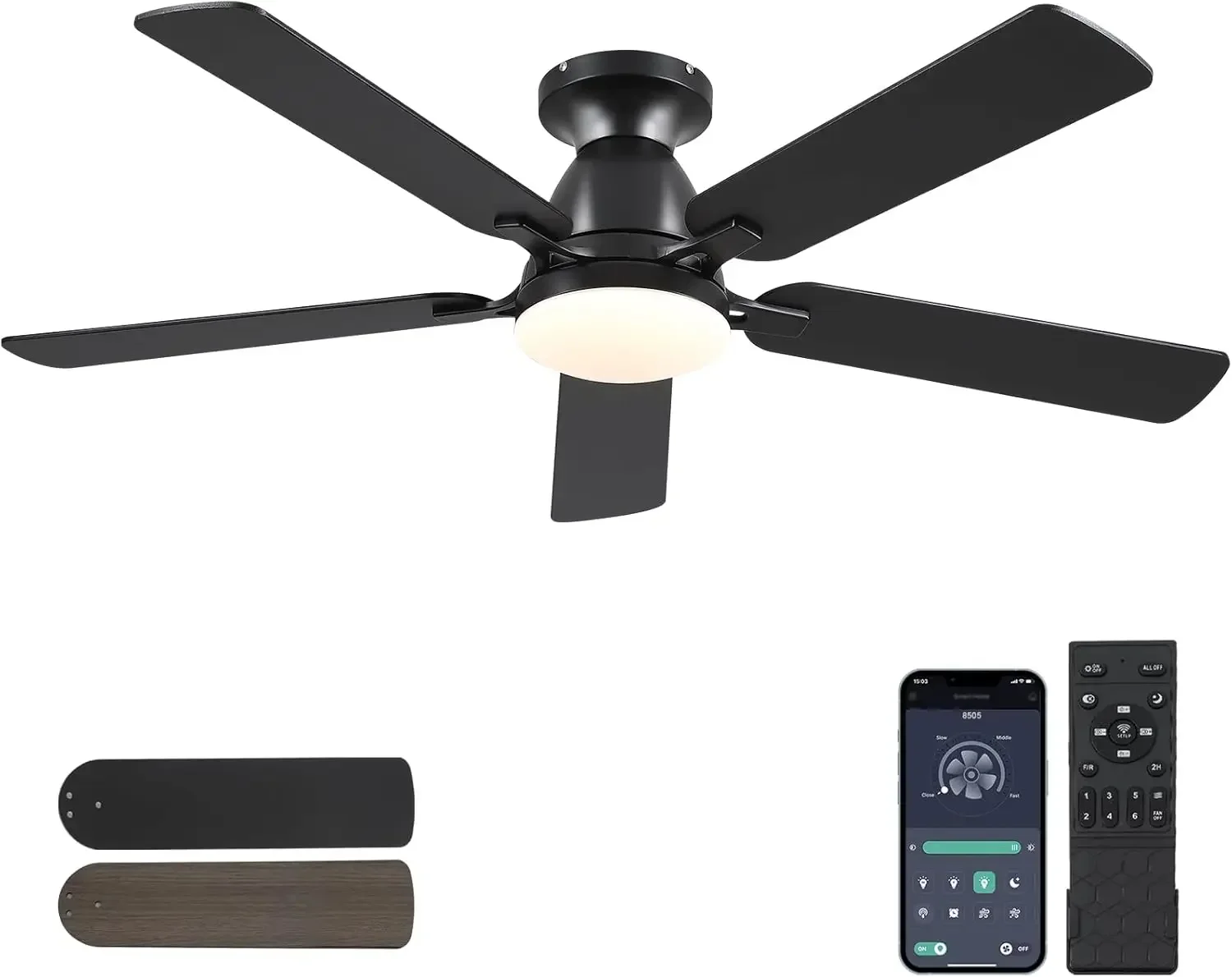 

Ceiling Fans with Lights, 52 Inch Flush Mount Ceiling Fan with Light and Remote, Low Profile Black Ceiling Fan for Bedroom Livin