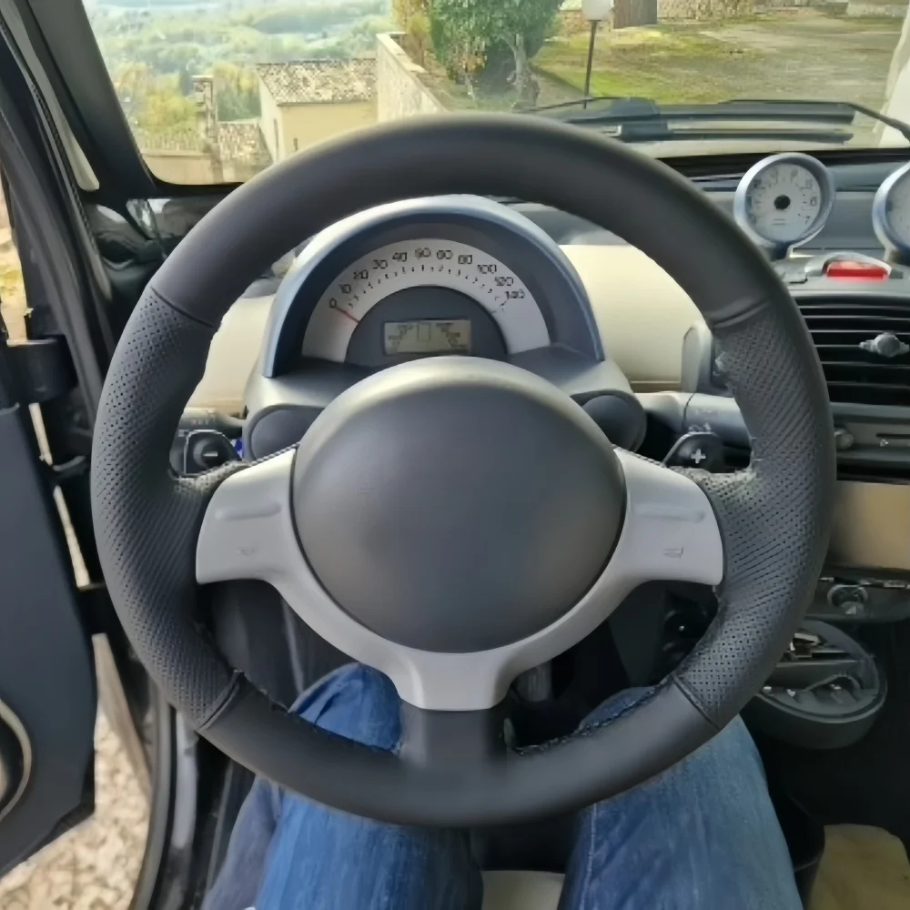 Hand Stitched Black Wear Resistant Perforated Non-slip Microfiber Leather Steering Wheel Cover For Smart Fortwo 2005-2007