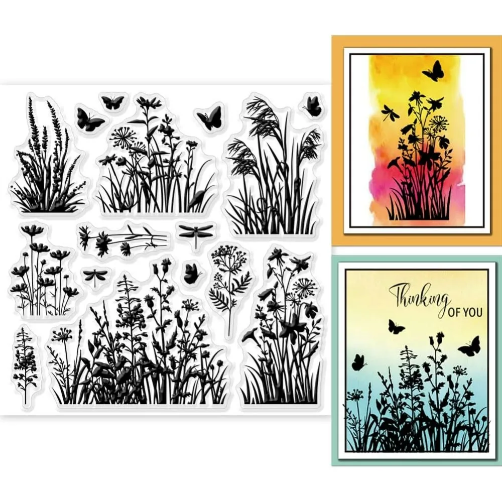 Blumen Gras Blätter Klare Stempel für DIY Scrapbooking Wildblumen Silikon Klare Stempel Siegel 5,9 x 5,9 Zoll Transparente Stempel