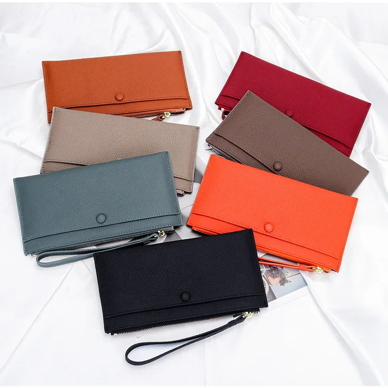 

Cowhide Long Women Wallet Large Capacity Genuine Cow Leather Envelope Slim Clutch Phone Purse Fashion Zipper Money Bag Billfold