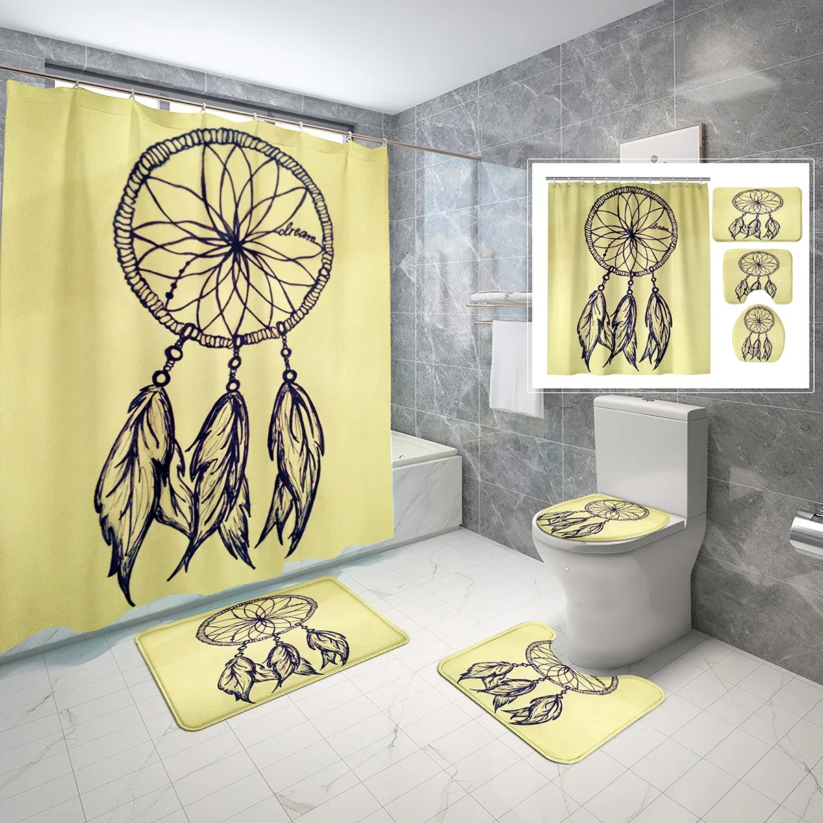 4 Pcs Dream Catcher Net Shower Curtain Set with Toilet Lid Cover and Non-slip Bath Mat Ancient Art Waterproof Shower Curtain Set