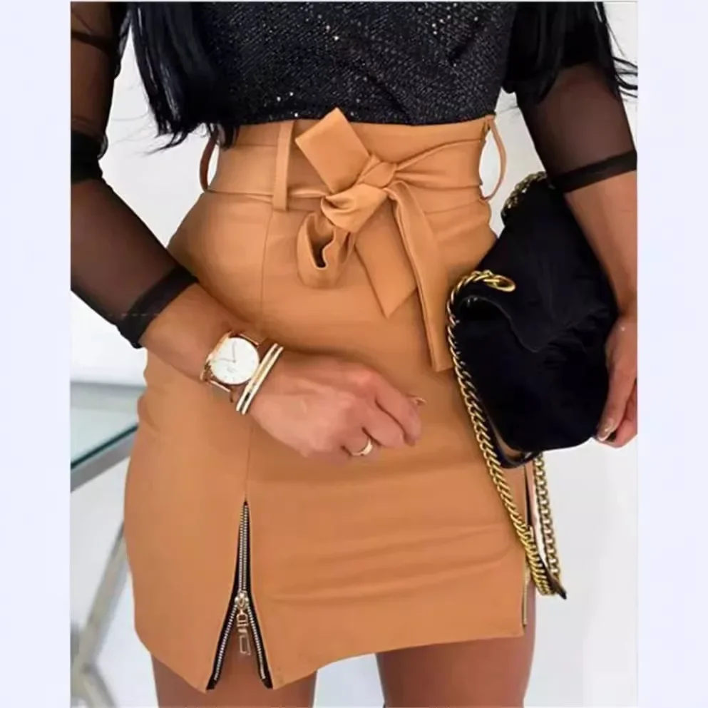 

Strap Zipper High Waist Hip Leather Skirt Zipper Leather PU Skirts Women Summer High Waist Sexy Solid Color Sheath Bodycon Skirt