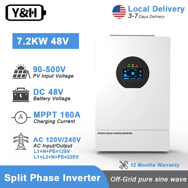 Y&H 7.2kW Split Phase Inverter 120V/240V Hybrid Solar Inverter 48V Dual MPPT 150A Fast Charge For Li Batteries UL1741 Certified