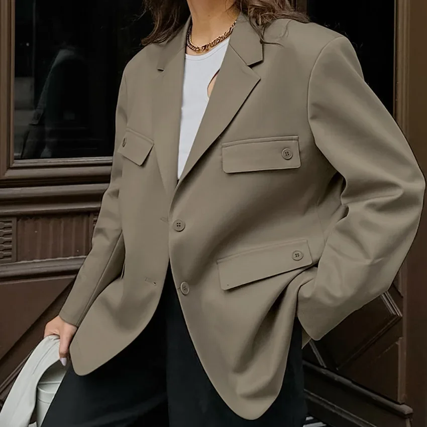 A Women Fashion Single Breasted Loose Fitting Blazer Coat Vintage Long Sleeve Pockets Female Outerwear Chic Femme Jacket