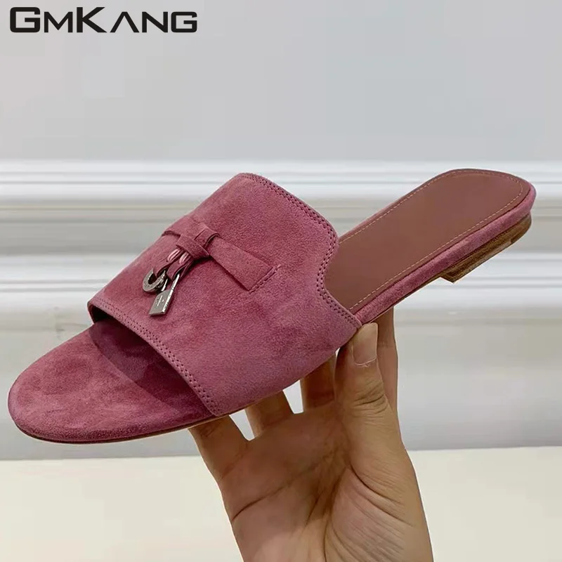 

Hot Sale Flat Slippers For Women Metal Lock Comfortable Mules Shoes Kid Suede Peep Toe Slides Summer Comfy Flat Sandals Woman