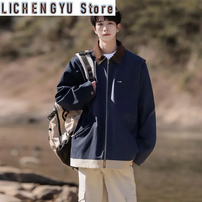 

Trendy Men's Jacket Spring-Autumn Season Lapel Versatile Breathable Stretchable Loose Solid Color Casual Outwear Comfortable Top