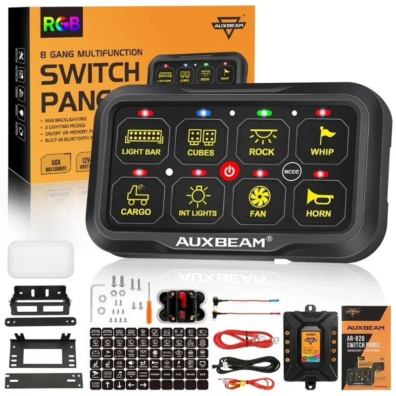

Auxbeam Universal AR-820 RGB 8 Gang Multi-function Switch Panel with App Control (Two-Sided Outlet) DC 12-24V Max current 60A