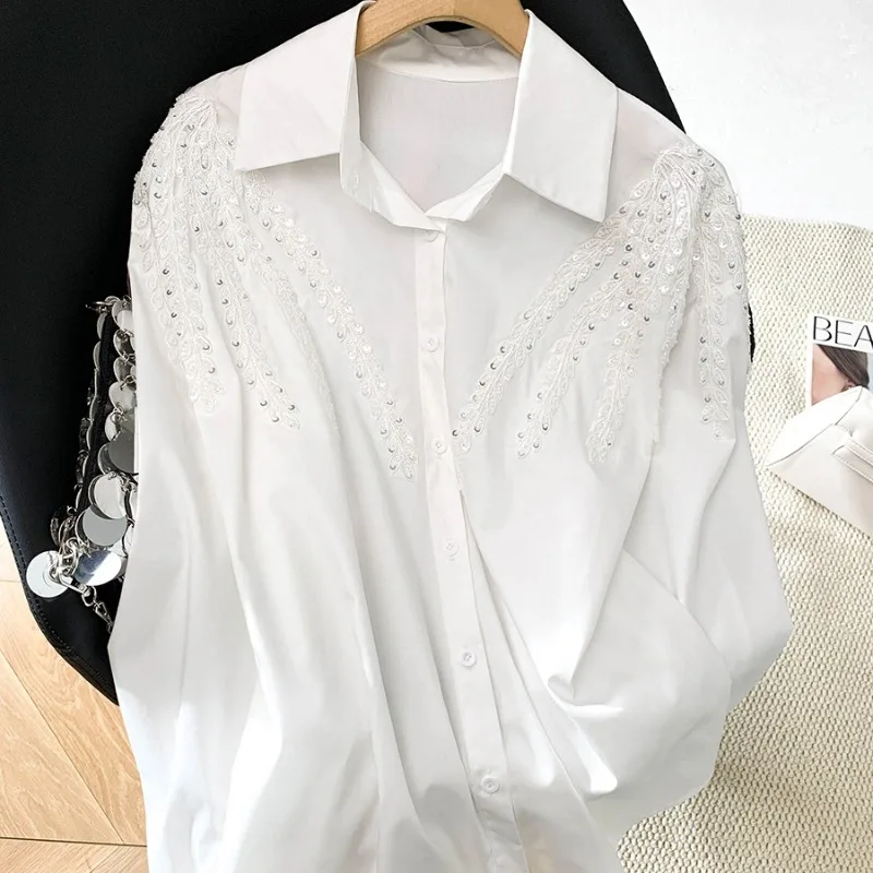 

Винтажные женские блузки, однотонные рубашки, модные свободные летние топы с кружевом и стразами в корейском стиле, с длинными рукавами