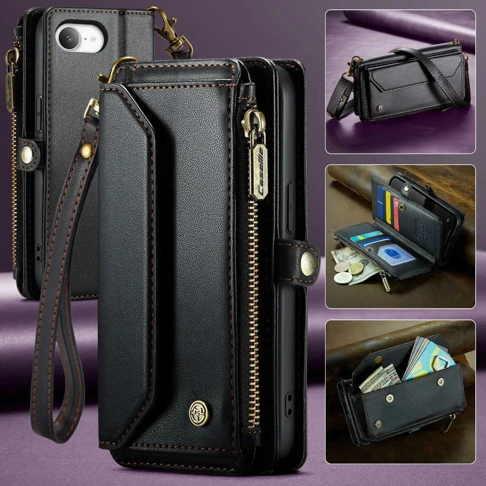 

Case Suitable for iPhone 17 16e 16 15 14 13 12 11 Pro Max phone case Leather Strap Zipper Card Holder Phone Wallet Case