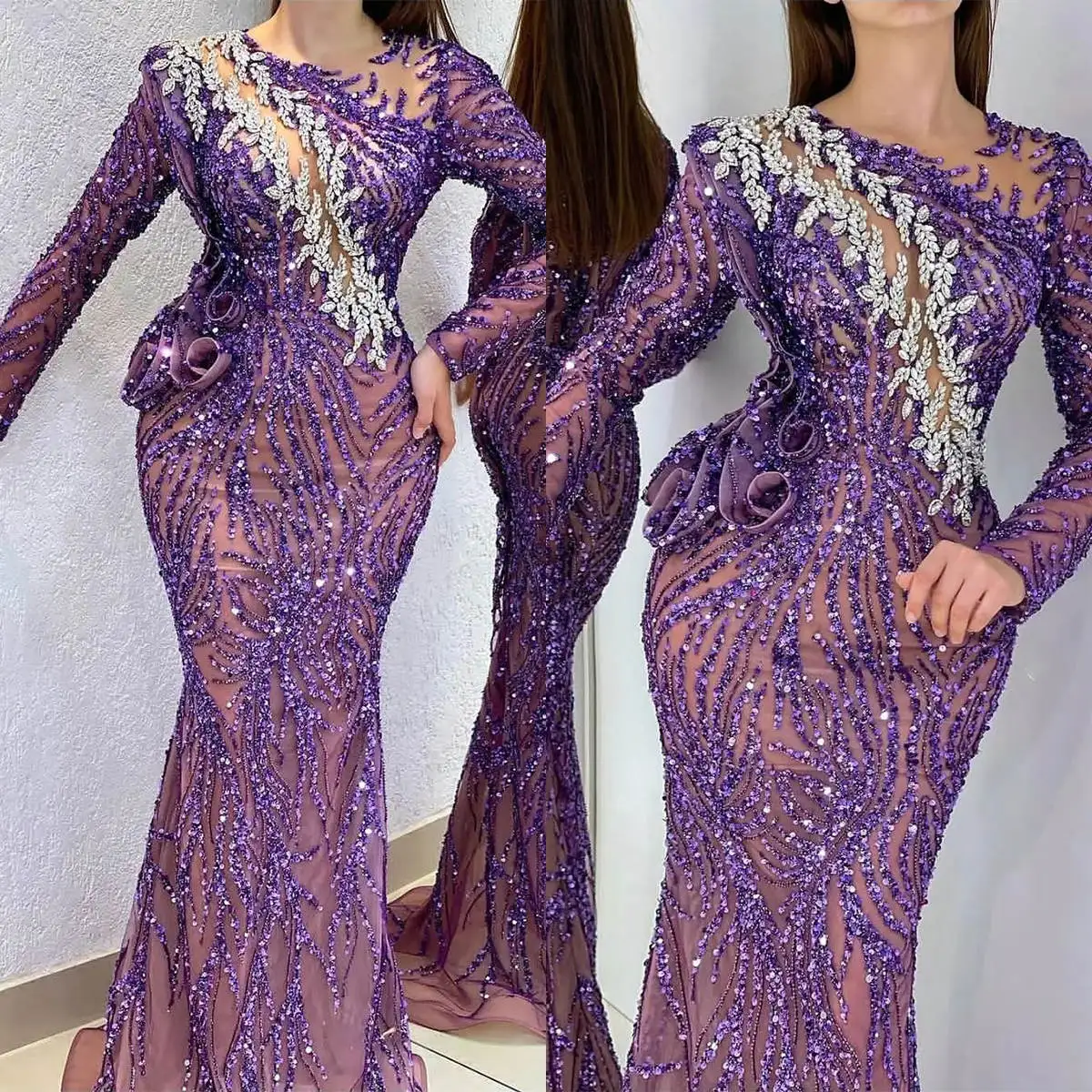 

Luxurious Crystals Mermaid Prom Gowns O Neck Long Sleeve Evening Dresses Beadeds Celebrity Party Customized Dresses