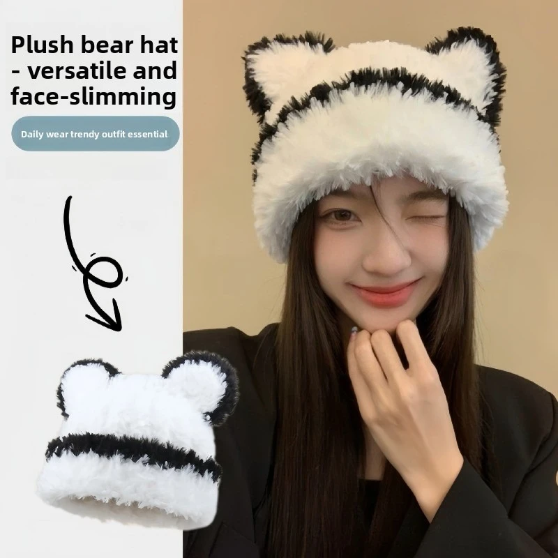 Cold Resistant Hearing Protection Women Cute Bear Fuzzy Protective Knit Hat Autumn Winter Warm Earflap Full Wrap Hat