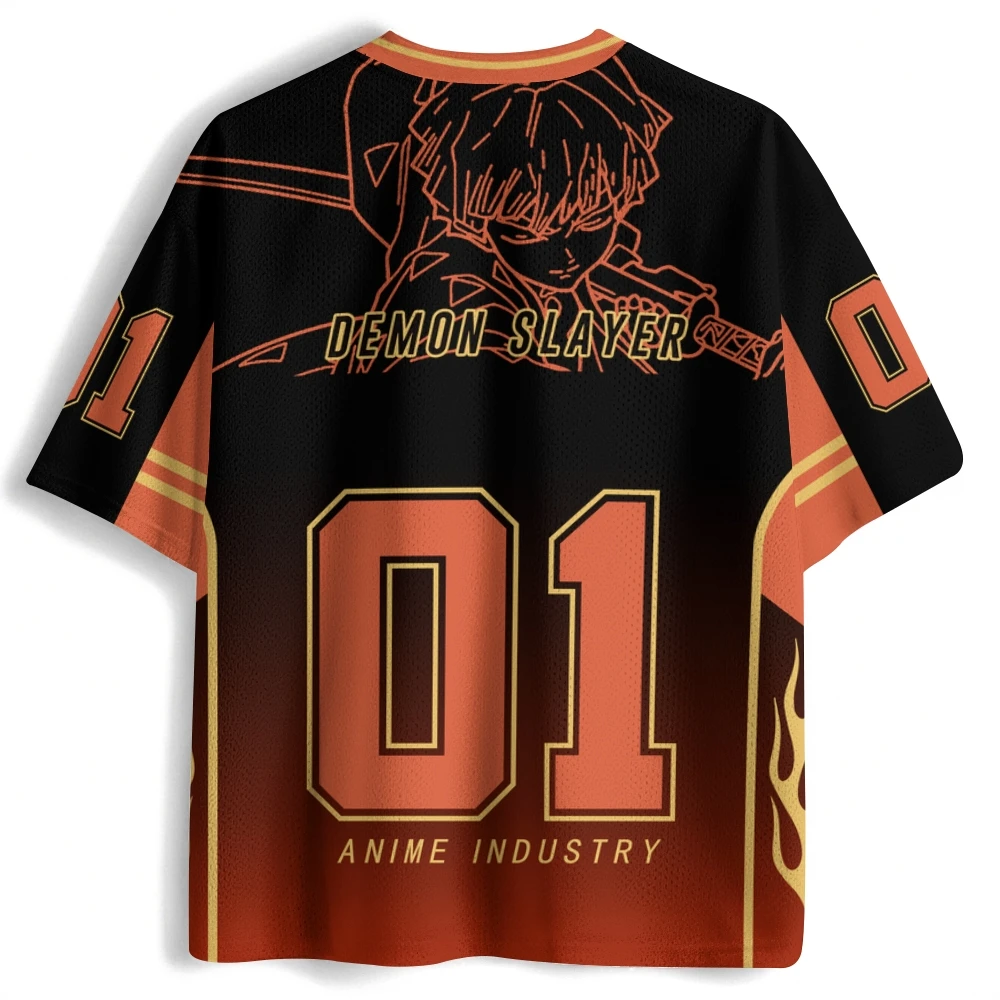 Demon Slayer: My Wife Shanyi Anime Mesh V-neck Shirt T-shirt for Men and Women, Black Orange Gradient Line Portrait Street Style