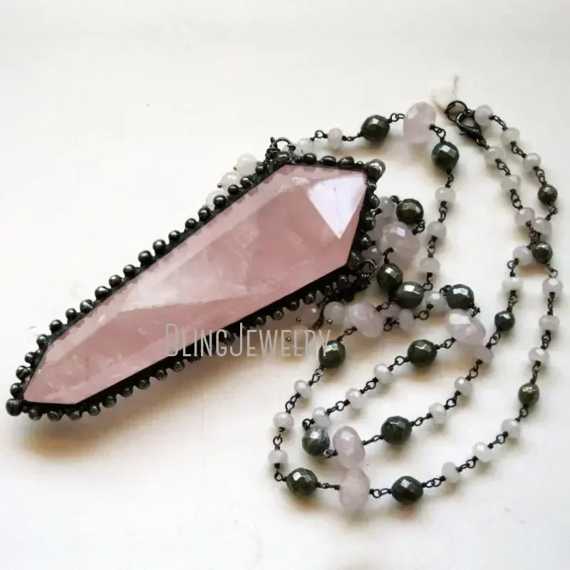 Massive Rose Quartz Crystal Point Necklace Shimmering Faceted Pyrite Bead Chain Gothic One Piece Boho Goblincore Jewelry Arcane