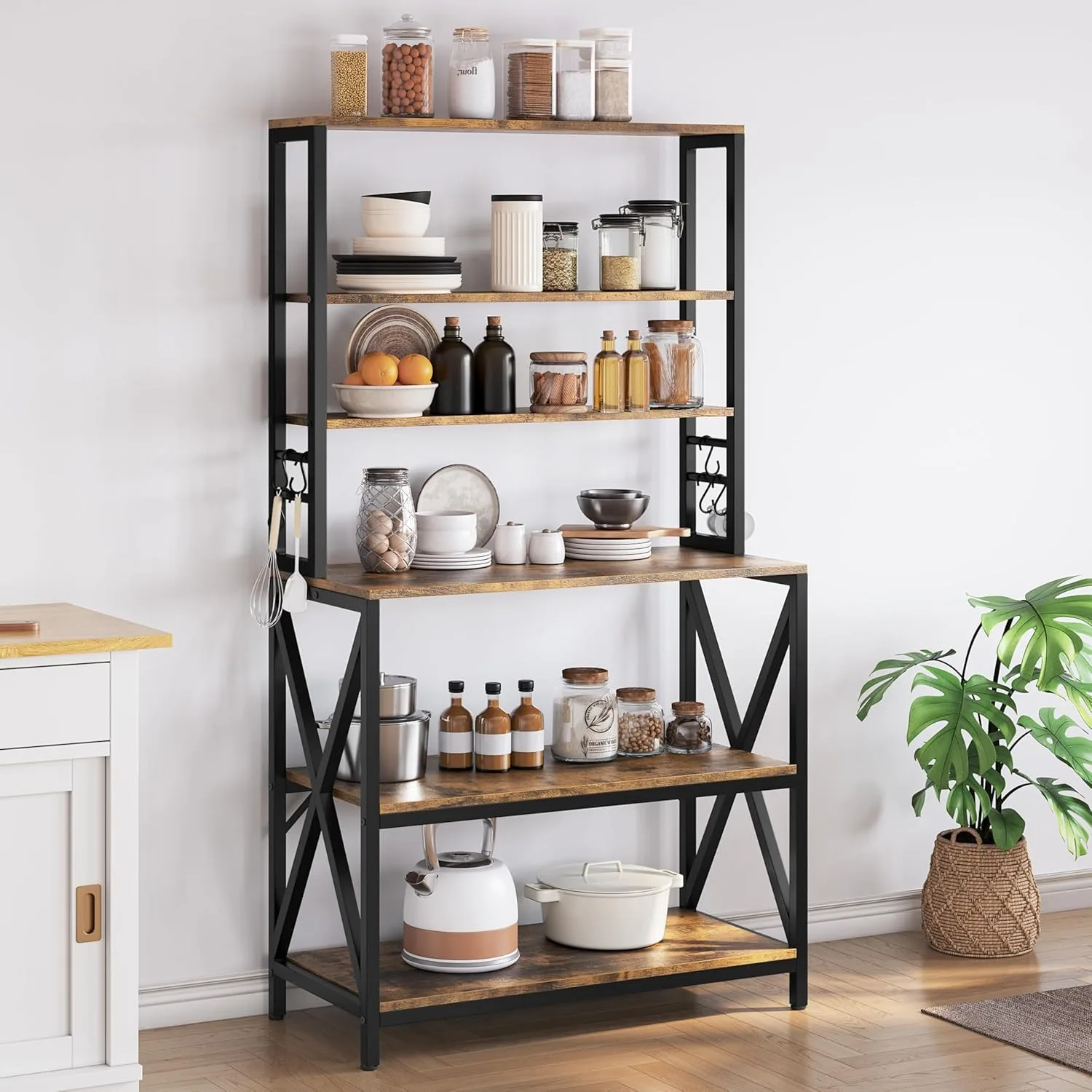 

6-Tier Kitchen Bakers Rack, 31.5 Inch Coffee Bar Table, Farmhouse Microwave Oven Stand Cabinet for Small Spaces,Corner Organizer