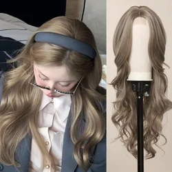 Milk Tea Brown Wig Synthetic Lace Front Wig For Women Long Curly Brown Hair Glueless Front Lace Wig Heat Resistant Fiber Cosplay