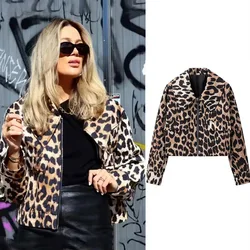 Vintage Leopard Print Jackets Women Single Breasted Big Pockets Lapel Long Sleeve Loose Female Down Coat Spring Lady Streetwear