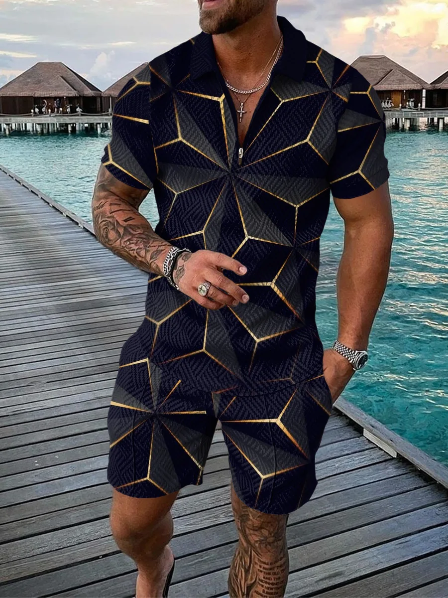 Conjunto de 2 piezas con estampado de tigre en 3D para hombre, conjunto de 2 piezas con cremallera y pantalones cortos, Estilo Vintage Hawaiano,