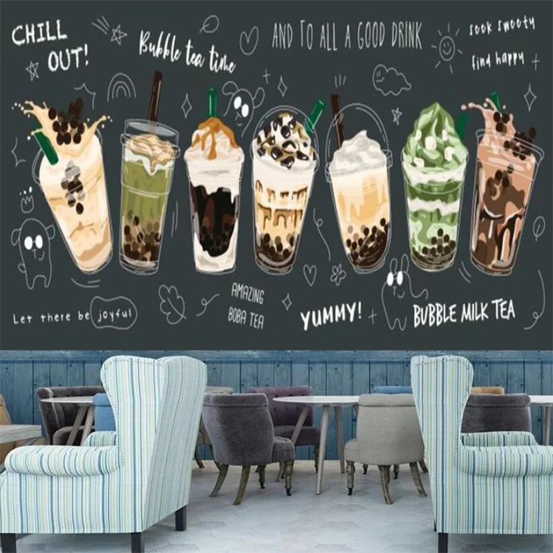 

Custom 3D Nordic Simple Milk Cap Milk Tea Shop Industrial Decor Mural Wallpaper Bubble Tea Shop Dessert Shop Decor Wall Paper