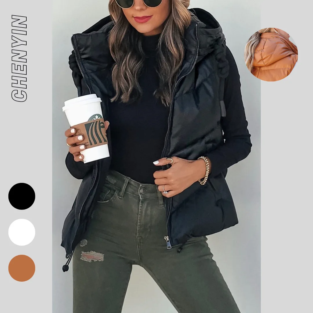 

Ins Women's Hooded Puffer Vest Thick Short Quilted Gilet Cotton Padded Sleeveless Waistcoat Double Pocket Loose Jacket