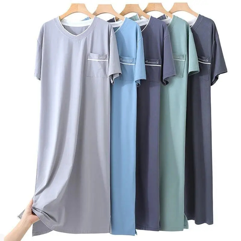 Summer Robe Men Modal Home Clothes Loose Sleepwear V-Neck Nightgown Short Sleeve Home Wear Solid Color Nightwear Bathrobe Gown