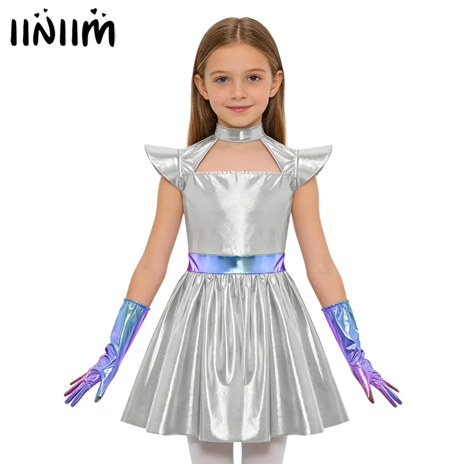 Girls Alien Cosplay Costume Outer Space Dress Metallic Back Zipper Ruffled Robot Astronaut Robot Tutu Dress with 1 Pair Gloves