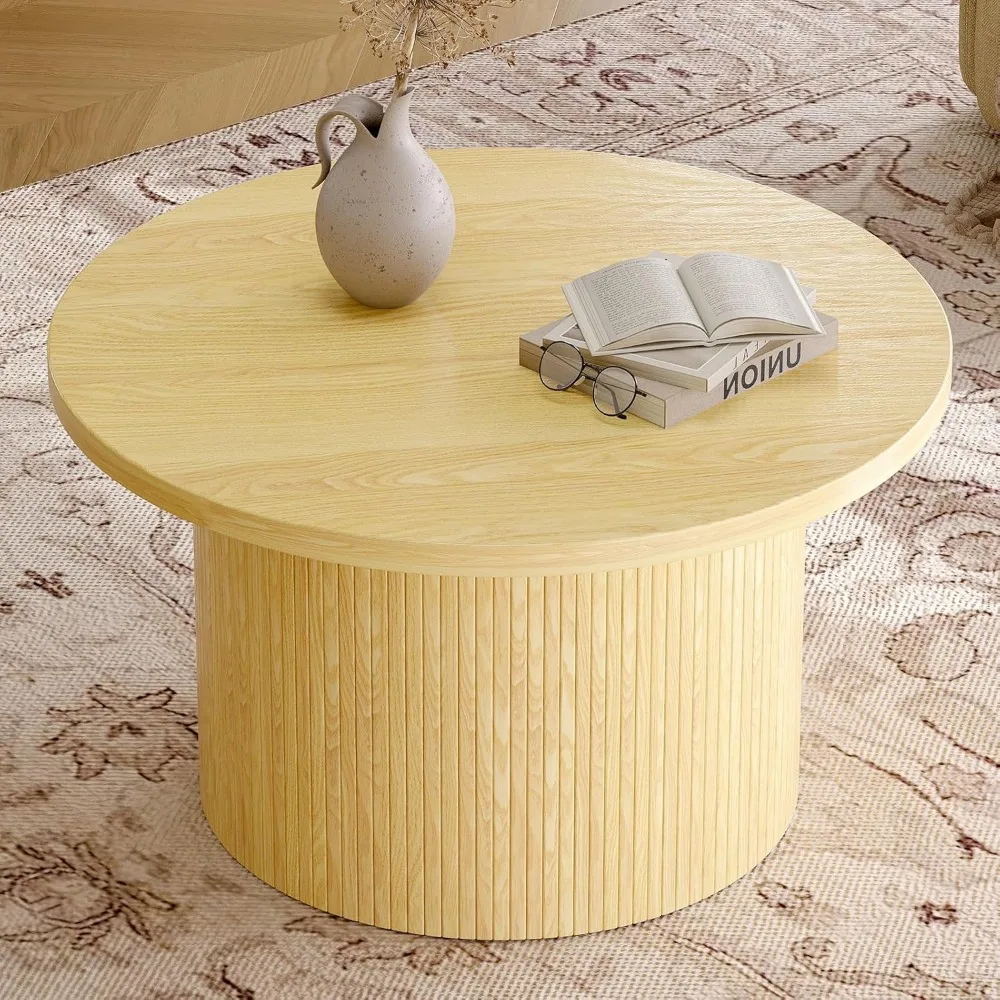 Stolik kawowy okrągły ONBRILL 31.5, stoliki kawowe z klapką do salonu, stolik kawowy w stylu mid-century modern z drewna, akcent w kształcie bębna