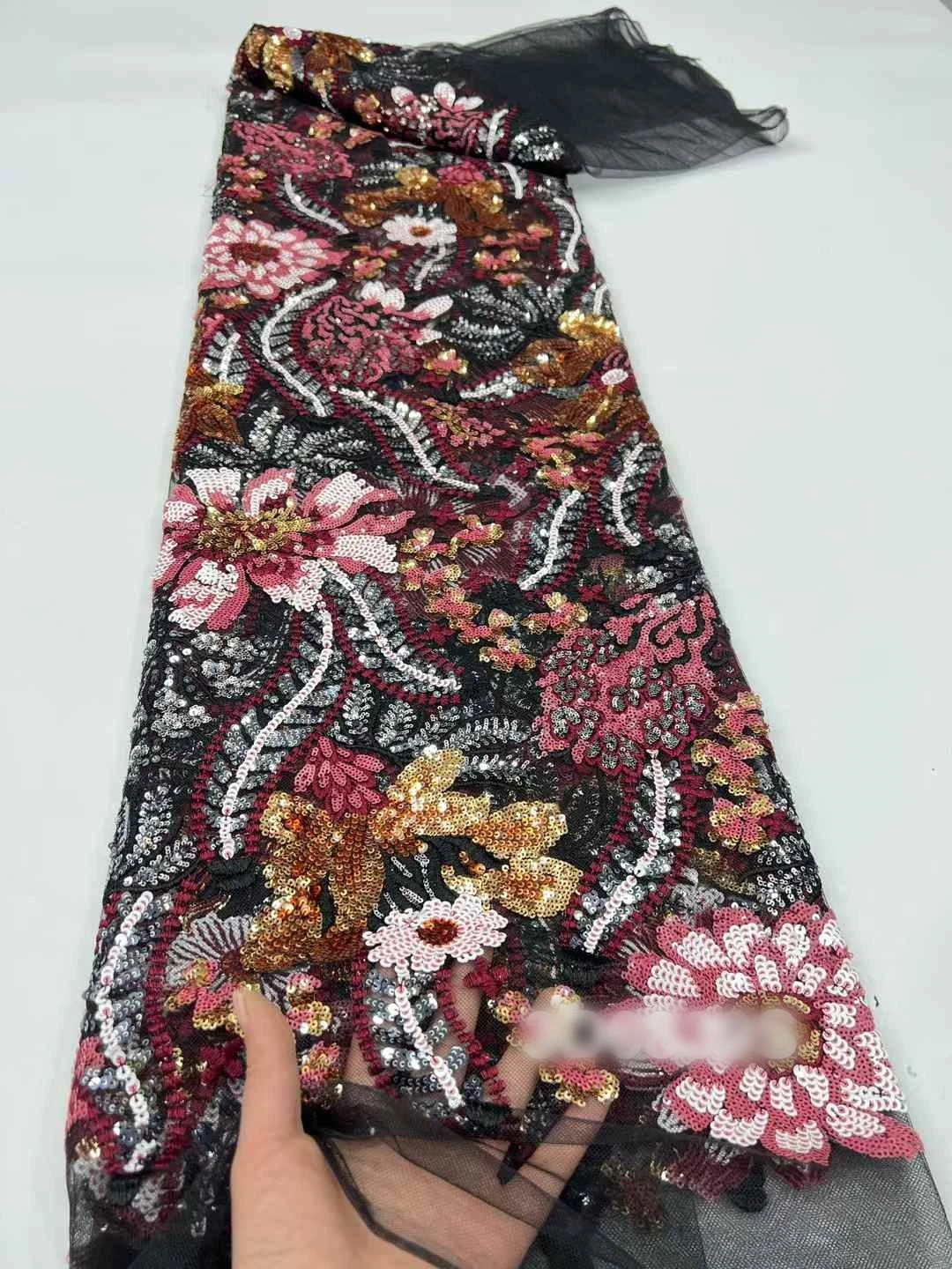 5 야드 2025 최신 최고의 품질 우아한 섬세한 수 놓은 소프트 스팽글 얇은 명주 그물 레이스 원단 웨딩 이브닝 드레스 U_GE1586