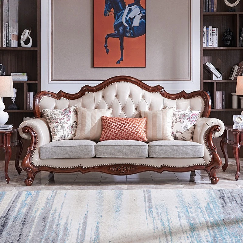 American Living Room Solid Wood Leather Sofa European Fabric 123 Combination Villa Large U-shaped Sofa