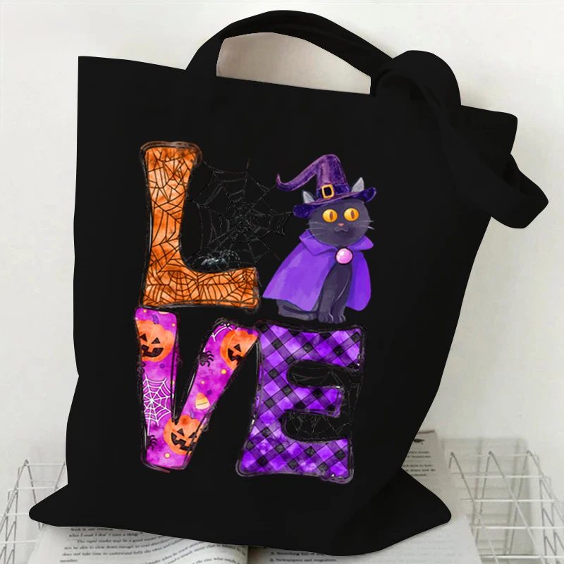 Gothic Skull Cat Pattern Tote Bag Women Spooky Season Shopping Bag Halloween Animal Kitten Canvas Shoulder Bag Unisex Handbags