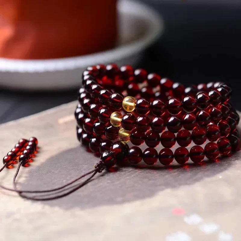 Myanmar Natural Ambe Bracelet 108 Buddha Beads Raw Amber Stone Necklace Men Women Bracelets Wine Red Natural Amber Jewelry