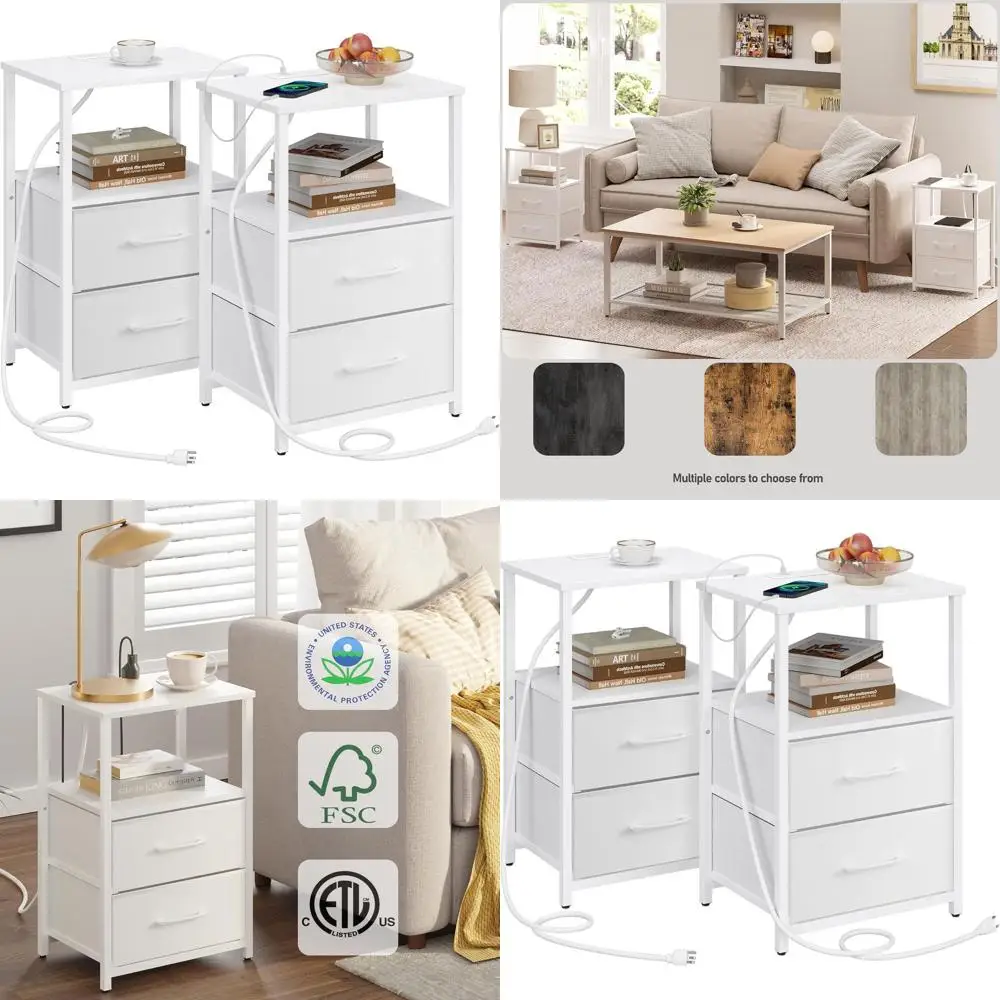 

Dual USB Port and Outlet Side Table, White, Set of 2, with Charging Station and Cloth Drawer Nightstand