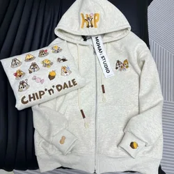 Disney Chip Dale animation peripheral cartoon embroidered printed hooded plus velvet couple style solid color sweatshirt jacket