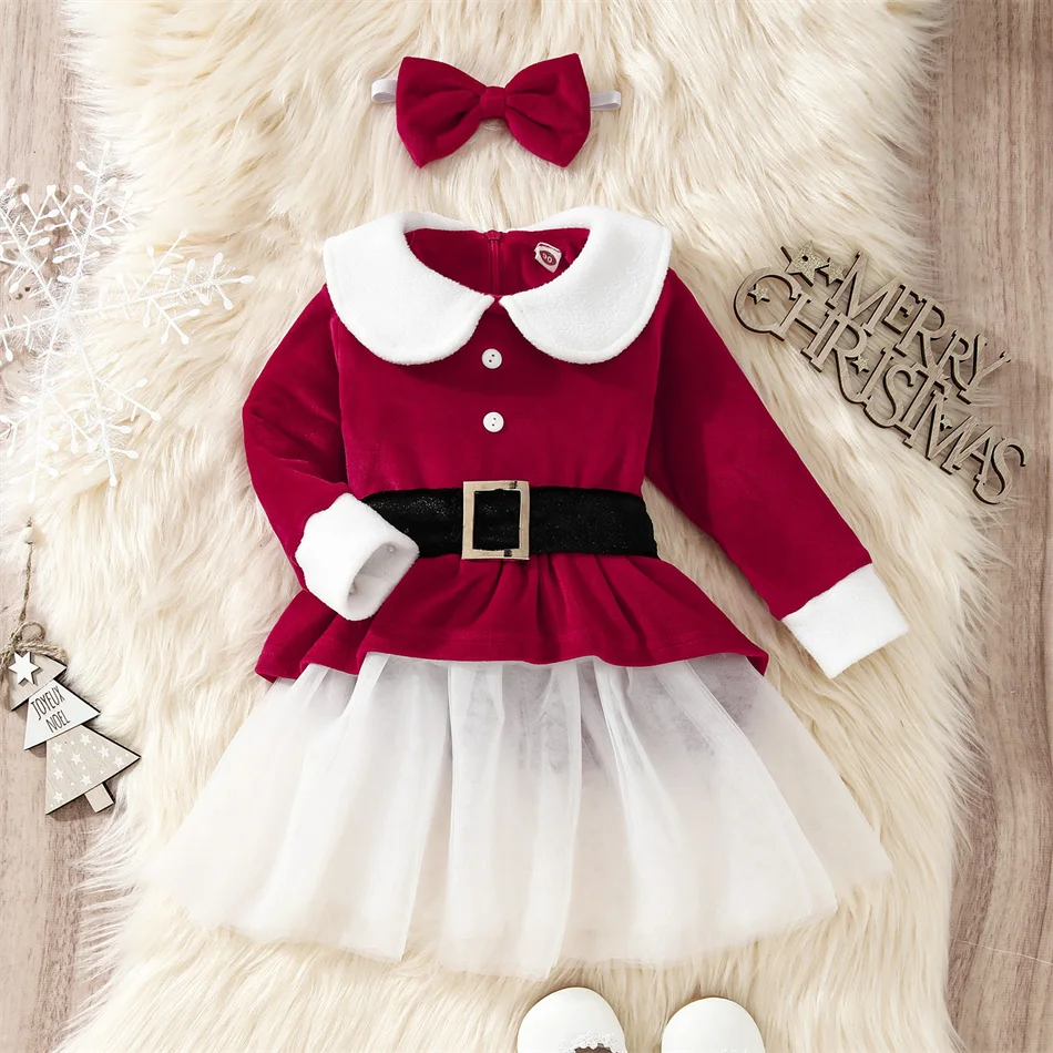 Kids Santa Claus Cosplay Princess Dress Children Christmas Bowknot Long Sleeve Xmas Theme Party Tutu Baby Girls New Year Outfits