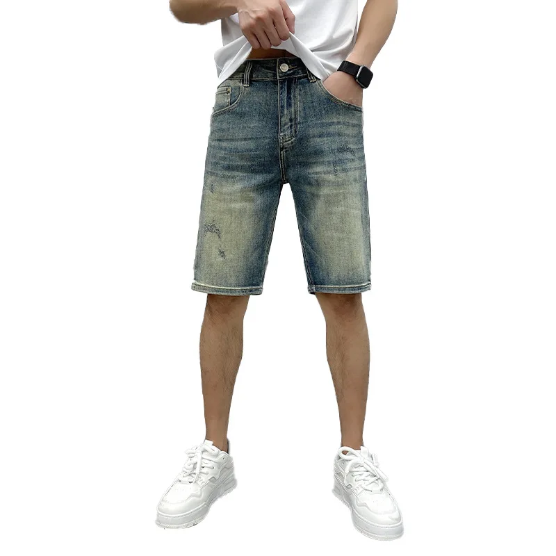 Denim Shorts Men's Retro Washed Nostalgic Fashion Brand Slim Straight Summer Thin Korean Style Elastic Capri Pants