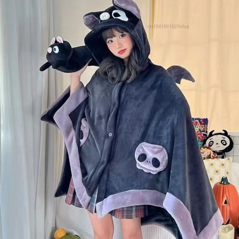 Kawaii Cartoon Bat Y2k Plush Pajamas Anime Cloak Sleepwear Costume Halloween Cloak For Adults Winter Pajamas Women Blanket Cape