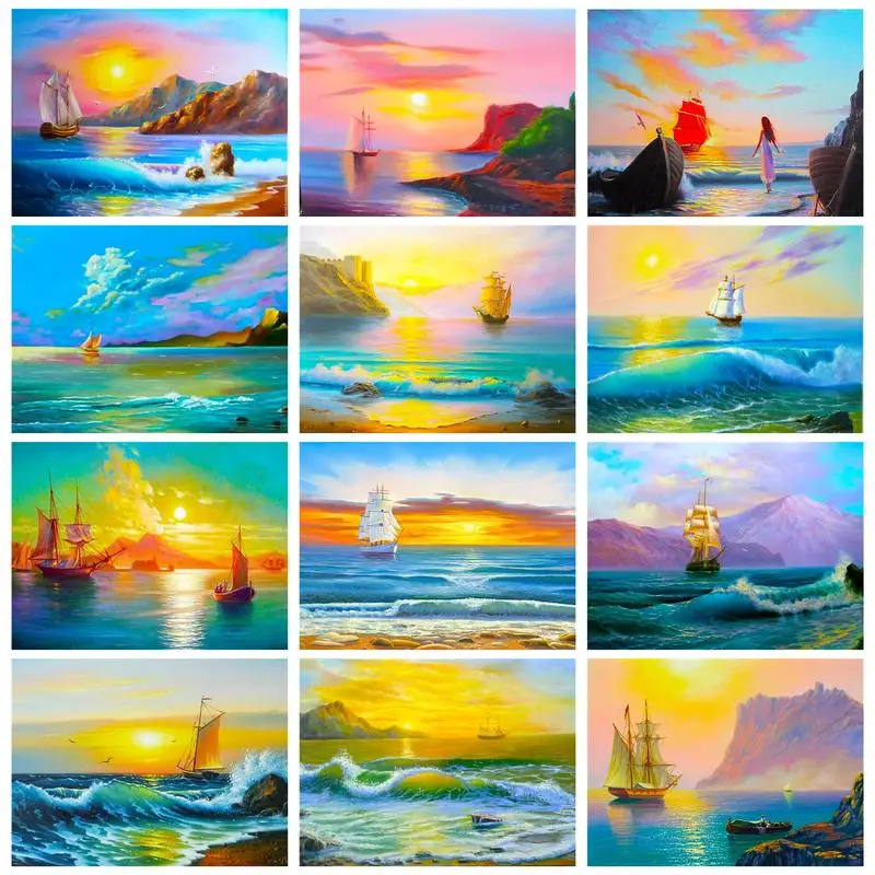 CHENISTORY Landscape Painting By Numbers Sunset Seascape Unique Gift For Adult Children Coloring By Numbers Living Room Decor