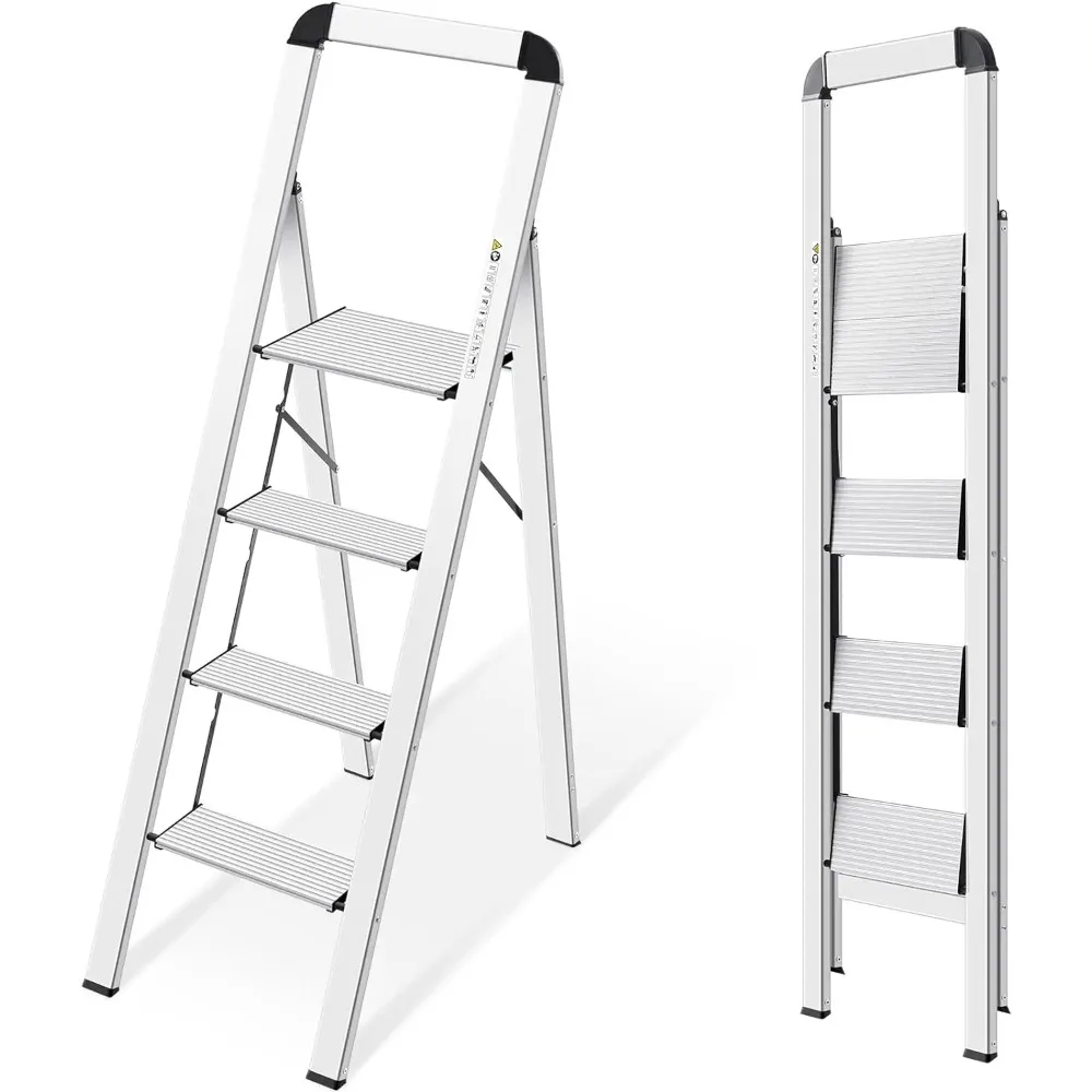 KINGRACK Aluminium 4 Step Ladder, Lightweight Step Stool with Non-Slip Pedals, Handrail, Foldable Step Ladder for Kitchen