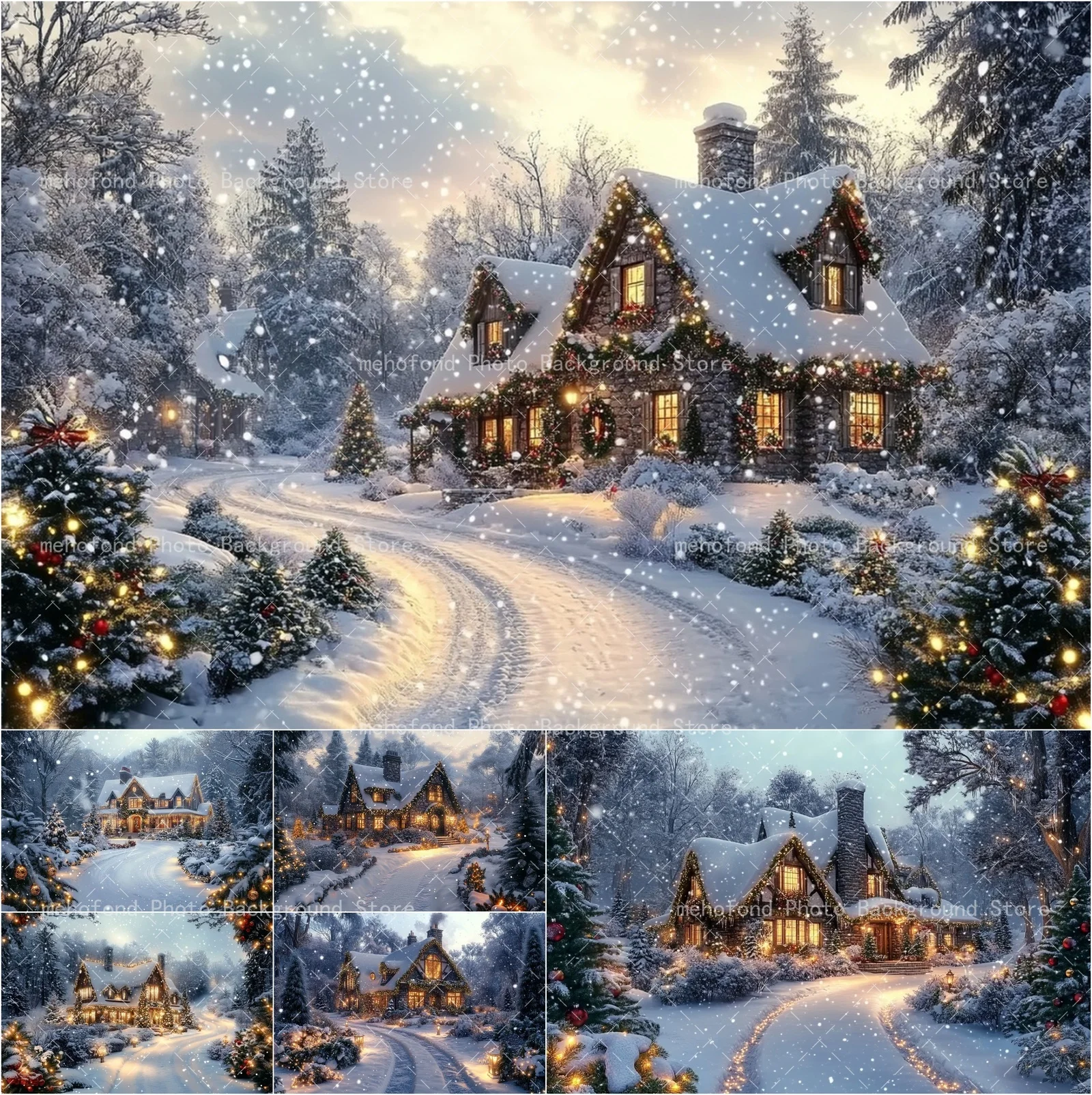 

Mehofond Photography Background Winter Christmas Cottage Christmas Lights Wreath Shrubs Kids Family Portrait Backdrop Decor