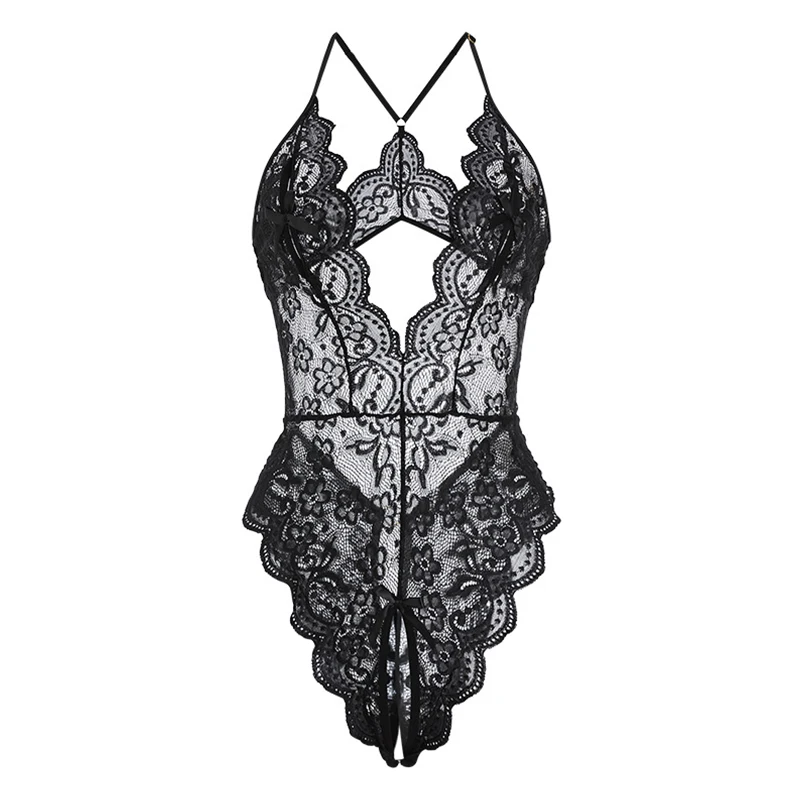 Lace Crotchless Sexy Pajamas Hot Deep V Floral Bra Erotic Backless Bodysuit Women Erotic Clothing One-piece Night Body Sleepwear