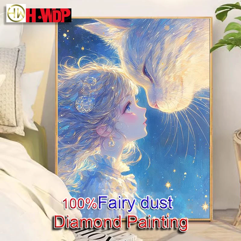 100% Fairy Dust Diamond Painting Kit Cat and Girl Picture Square Mosaic Embroidery Cartoon Stitch Diamond Art Full Crystal Decor