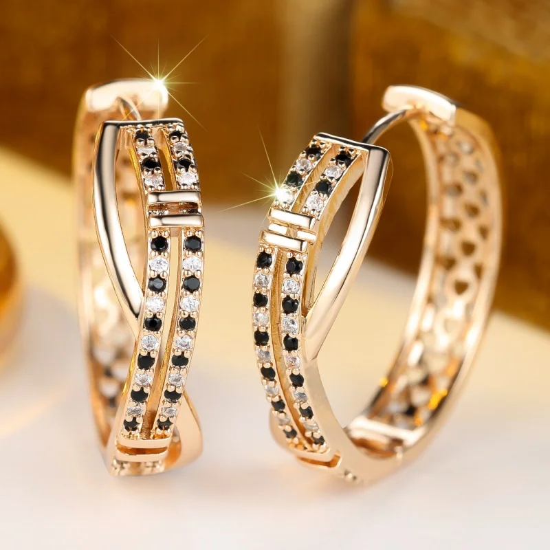 Personalized Cross Black and White Collision Diamond Ear Buckle Gold Hollow Double-layer Cool and Stylish Niche Women's Jewelry