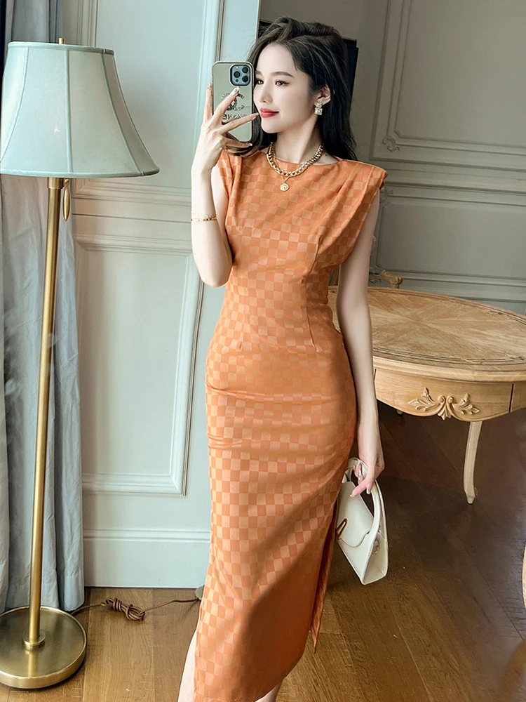 Abito estivo in raso per occasioni formali Donna Elegante plaid vintage senza maniche con spacco sottile Midi Party Robe Femme Mujer Abiti vestiti