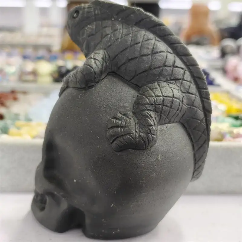 Natural Black Obsidian Lizards With Skull Carvings Statue Reiki Healing Fengshui Crafts Home Office Decoration Gifts 1PCS