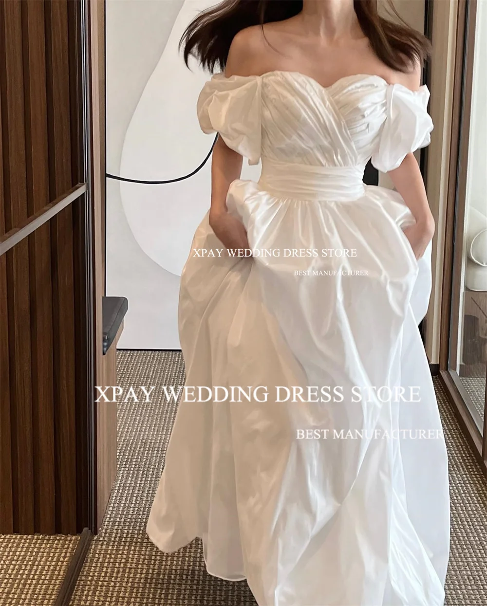 Xpay querida uma linha coreia vestidos de casamento personalizado tafetá plissados espartilho voltar vestidos de noiva manga curta lanterna vestido